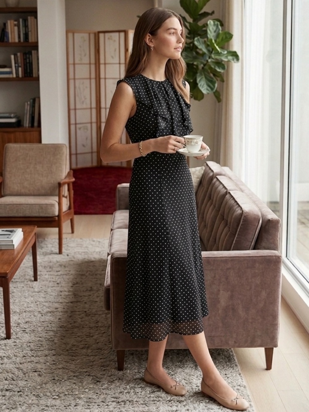 Lauren Ralph Lauren Black Polka Dot Midi Dress
